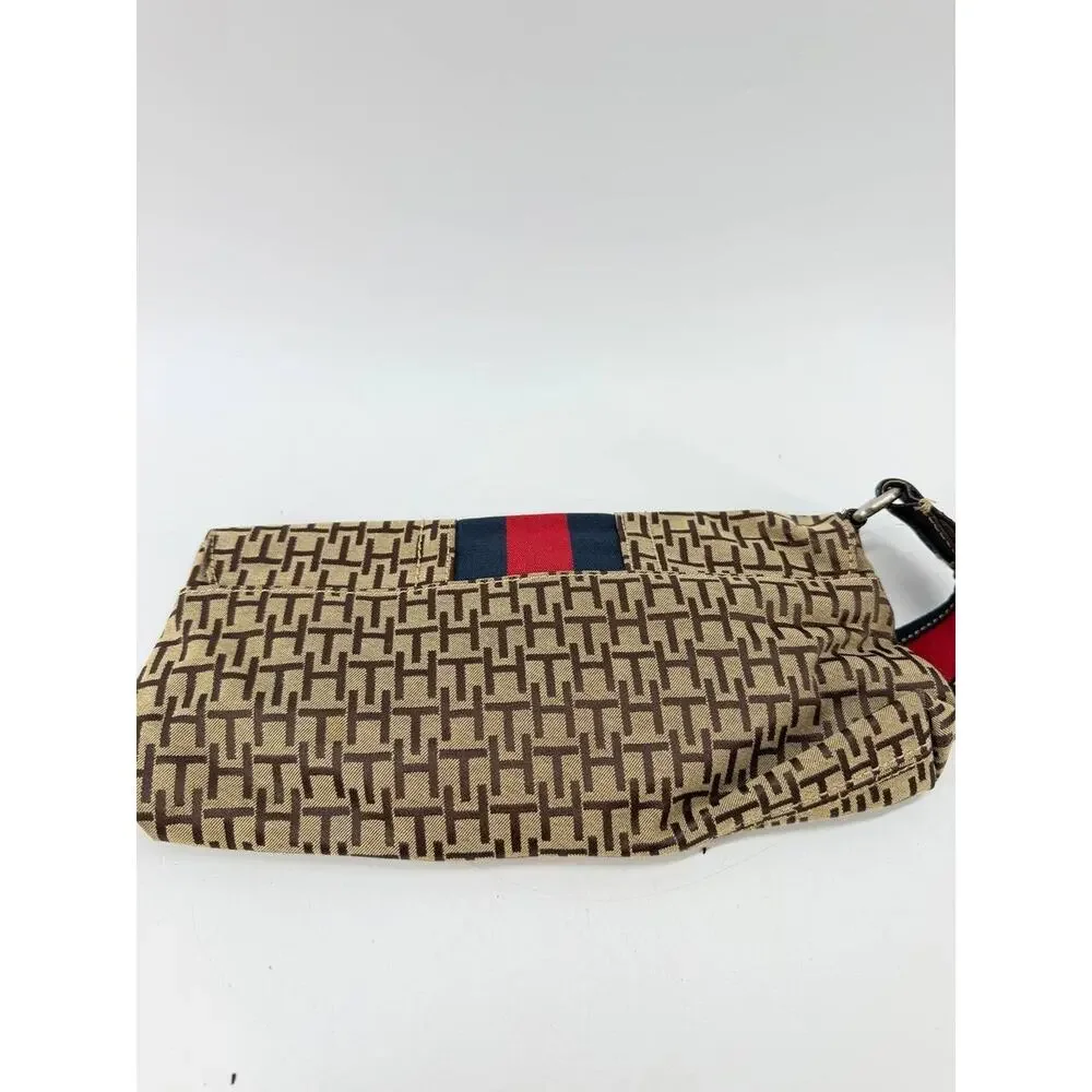 Tommy Hilfiger Monogram Wristlet Clutch Wallet Brown Canvas Red Blue Stripe